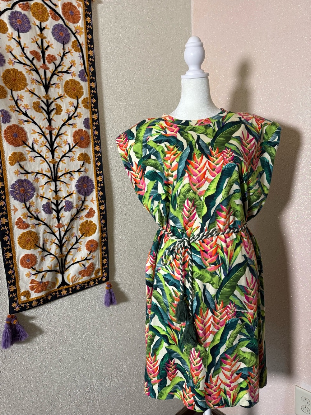 FARM Rio Green Multi Tropical Midi Dress with Tie-Waist